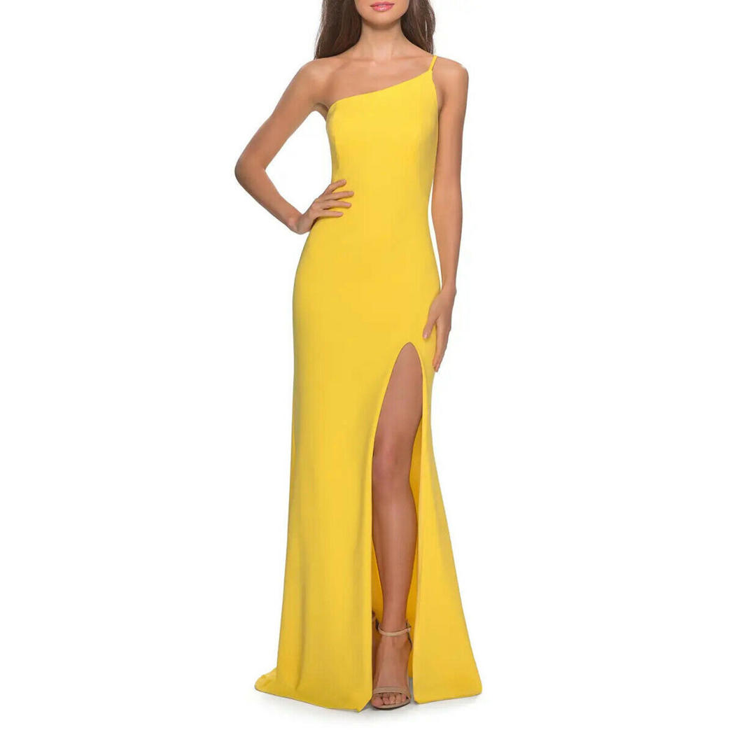 La Femme Yellow One-Shoulder Side Slit Jersey Gown Size 0 Orig $228